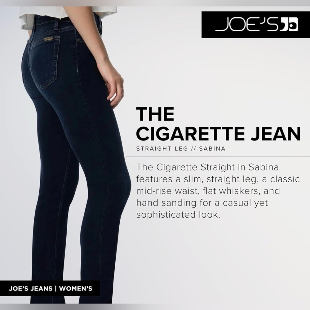 NEW! Joe’s Jeans The Cigarette Dark Wash mid rise straight leg stretch 28W 32L